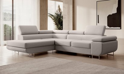 Stevil L-shaped corner sofa with sleeping function with Castel 04 container, easy-to-clean velvet, left-hand side