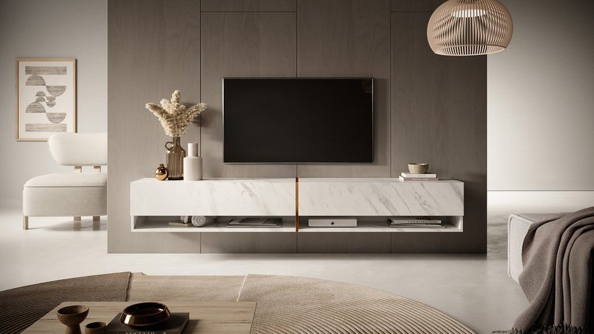 Mirrgo TV cabinet, 200 cm, white marble with gold insert