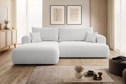 Ovo L-shaped corner sofa with sleeping function with a boucle container