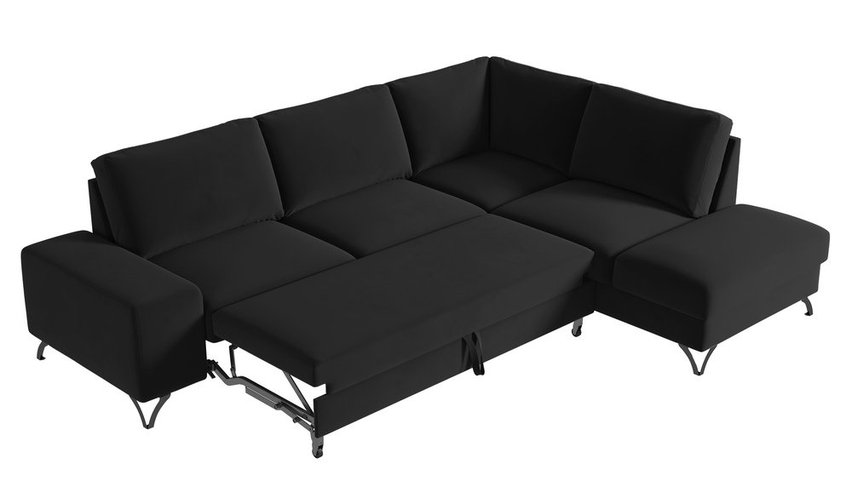 Corner sofa with sleeping function Bewello L-shaped with side and container Matt Velvet 99 easy-cleaning hydrophobic velour right-hand side