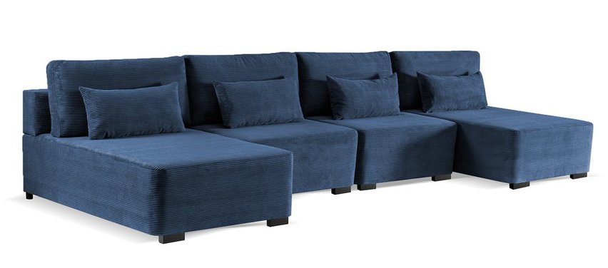 Corner sofa with sleeping function Moduliano U-shaped large with container universal navy blue corduroy