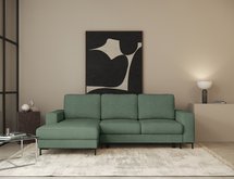 Mokpeo L-shaped corner sofa with sleeping function with two containers on black legs Sorella 34 chenille left-hand side