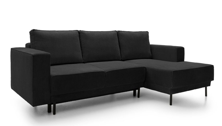 Rodario mini black corner sofa with sleeping function with right-hand corduroy container