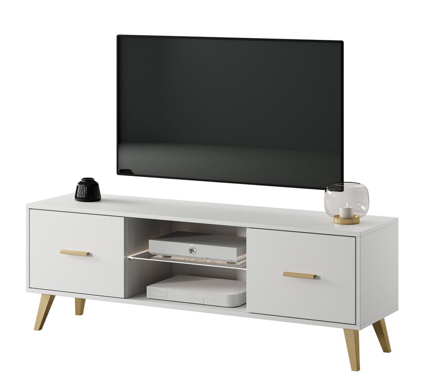 Savoni I TV cabinet, 140 cm, white with gold legs and handles