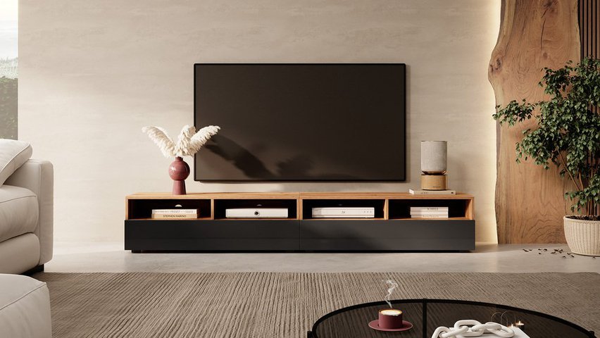 TV cabinet with two drawers Rednaw 200 cm (Colour variant: Wotan Oak / Gloss Black, Colour: Non)