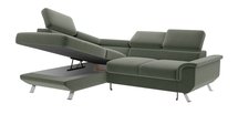 Carenero L-shaped corner sofa with sleeping function with container and adjustable headrests, olive velour, hydrophobic, left-sided