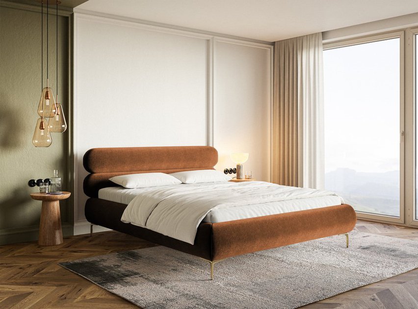 Upholstered bed 140x200 cm Roule with storage, metal frame Amon 24, hydrophobic velor, gold legs