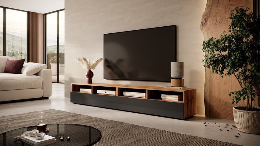 TV cabinet with two drawers Rednaw 200 cm (Colour variant: Wotan Oak / Gloss Black, Colour: Non)