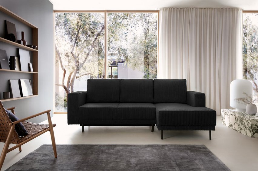 Rodario mini black corner sofa with sleeping function with right-hand corduroy container