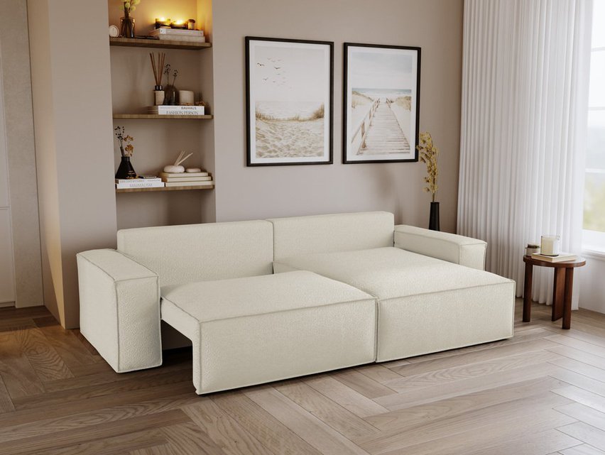 Brylio L-shaped corner sofa with sleeping function with storage, universal cream plush