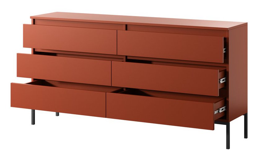 Bemmi six-drawer chest of drawers, brick, with black legs