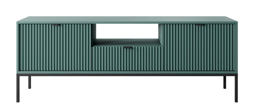 Vellore 154 cm green TV cabinet with grooved fronts, black handles and NOVA RTV-154 frame