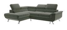 Carenero L-shaped corner sofa with sleeping function with container and adjustable headrests, olive velour, hydrophobic, left-sided