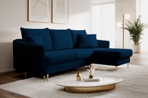 Volio velvet corner sofa with sleeping function, hydrophobic, golden legs