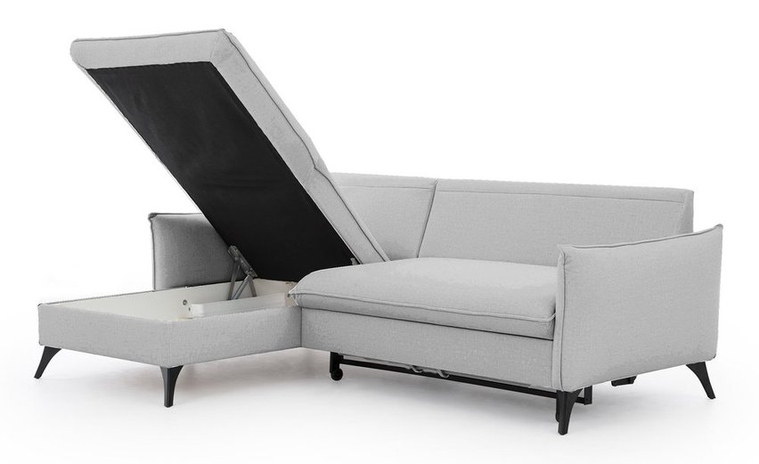 Corner sofa with sleeping function Cambiano L-shaped with storage, gray hydrophobic velvet, left-sided