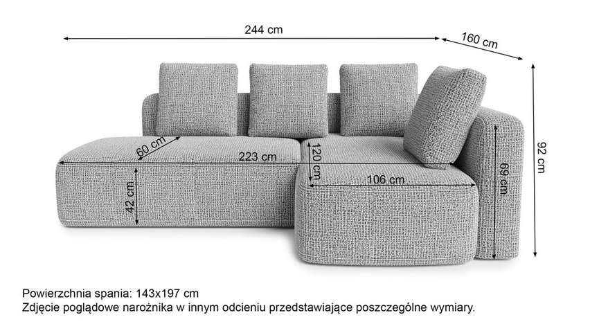 Corner sofa with sleeping function Halme Coco 80 L-shaped with side and container hydrophobic braid right-hand side