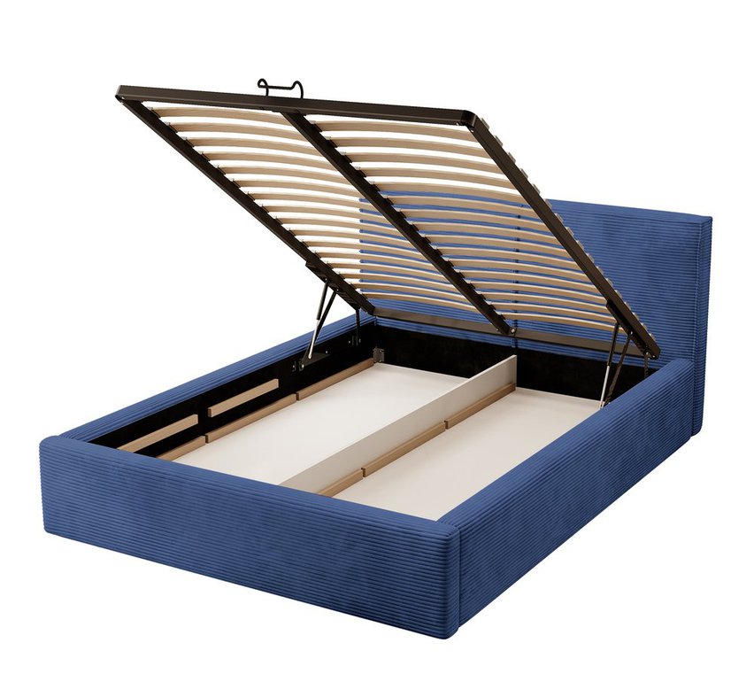 Upholstered bed 140/200 cm Farese navy blue Poso 05 with container and gas actuator corduroy