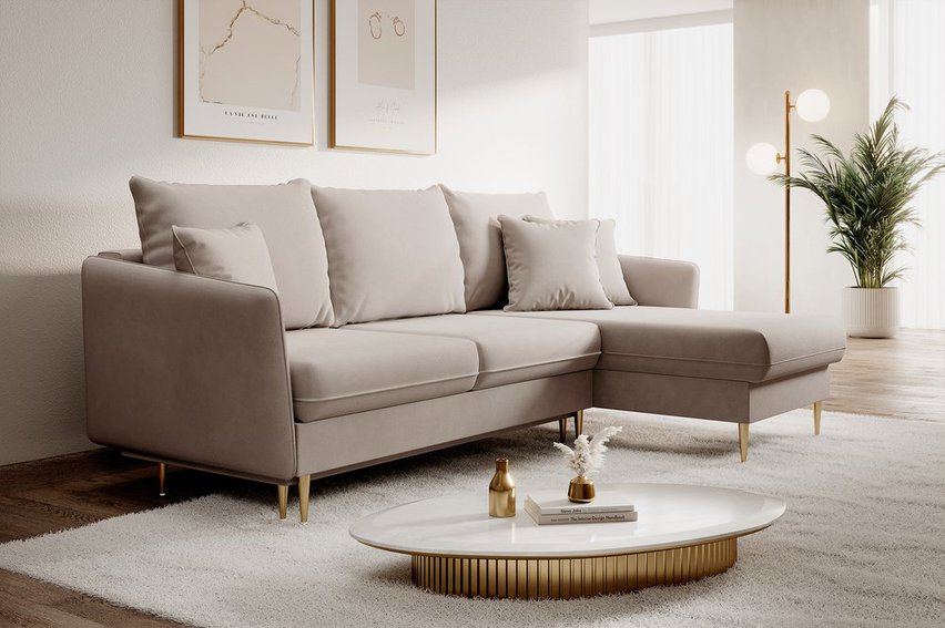 Volio velvet corner sofa with sleeping function, hydrophobic, golden legs