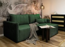 Pierre fold-out corner sofa with storage, dark green, hydrophobic velvet