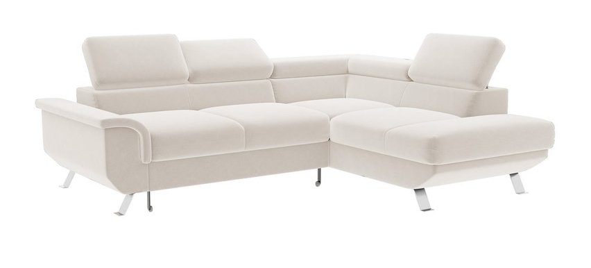 Carenero L-shaped corner sofa with sleeping function with storage and adjustable headrests, cream hydrophobic velvet, right-hand side