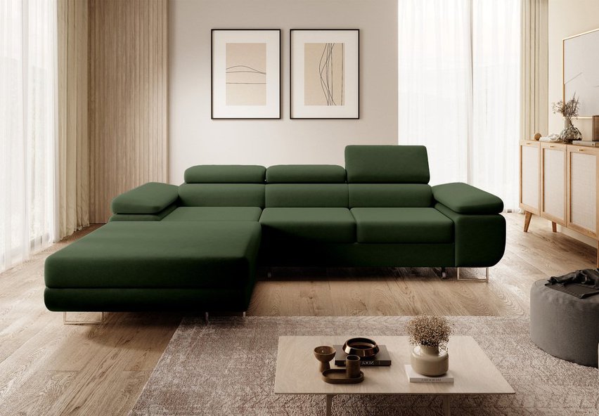 Ganta L-shaped corner sofa with sleeping function with Castel 39 container, easy-to-clean velvet, left-hand side