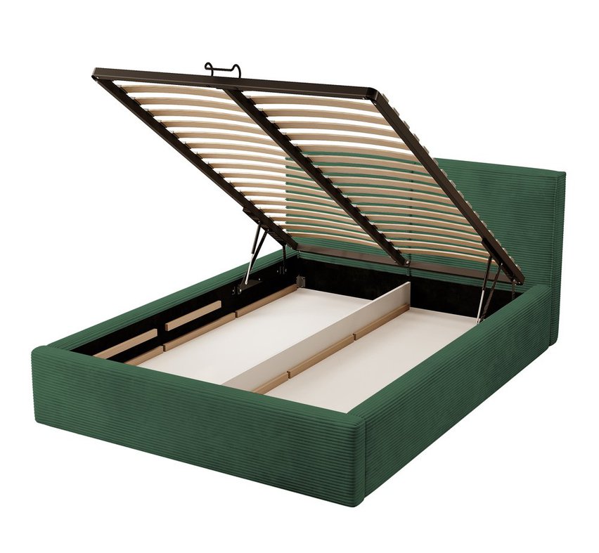 Upholstered bed 160/200 cm Farese dark green Poso 14 with container and gas actuator corduroy