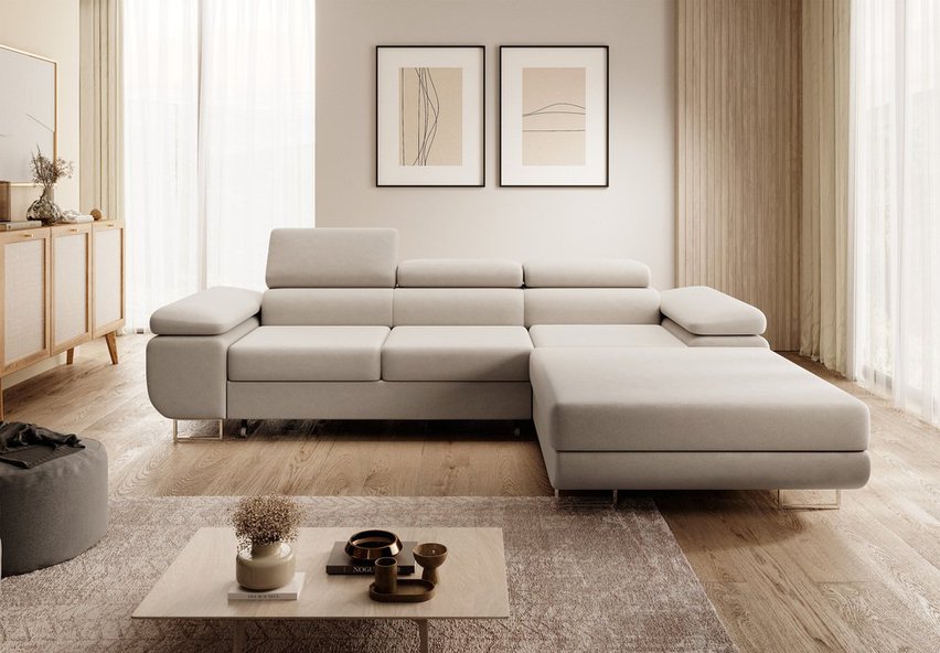 Ganta L-shaped corner sofa with sleeping function with container Castel 03, easy-to-clean velvet, right-hand side