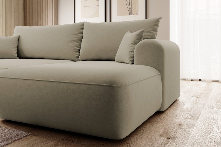 Ovo L-shaped corner sofa with sleeping function with a container in easy-to-clean fabric