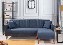 Corner sofa with sleeping function Rallion L-shaped linen navy blue right-hand side