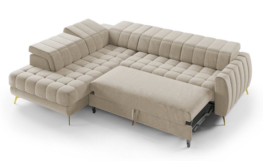 Corner sofa with sleeping function Pessi Castel 15 L-shaped with container and adjustable headrests easy-cleaning velvet left-hand side