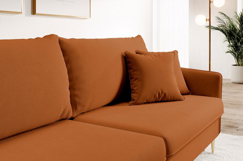 Volio Magic Velvet 2286 three-seater sofa, copper, hydrophobic velvet, gold legs