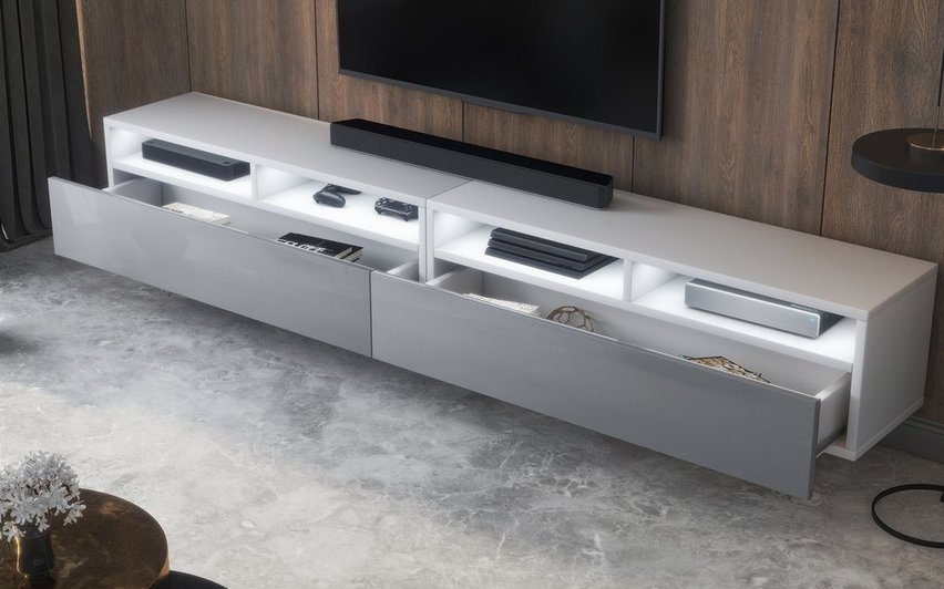 TV cabinet with two drawers Rednaw 200 cm (Matt White / Glossy Gray, LED)