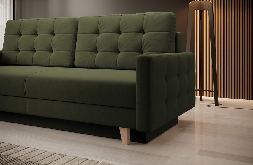 Verat three-seater sofa bed with storage, olive velvet, easy to clean