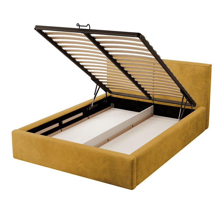 Upholstered bed 140/200 cm Farese mustard Poso 01 with container and gas actuator corduroy