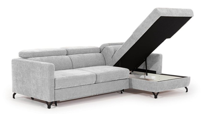 Monarda L-shaped corner sofa with sleeping function with storage and adjustable headrests, gray in easy-clean fabric, right-hand side