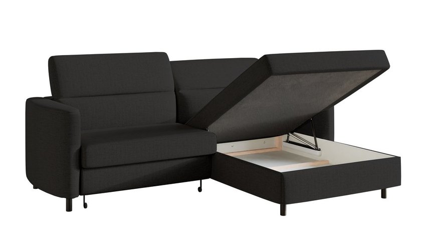 Busu Moly 99 corner sofa with sleeping function with a container, black legs, right-handed