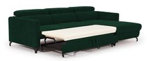 Monarda L-shaped corner sofa with sleeping function with container and adjustable headrests, dark green hydrophobic velvet, right-hand side