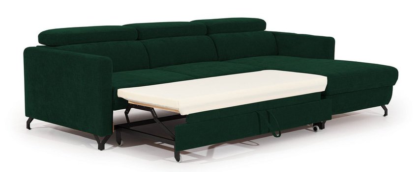 Monarda L-shaped corner sofa with sleeping function with container and adjustable headrests, dark green hydrophobic velvet, right-hand side