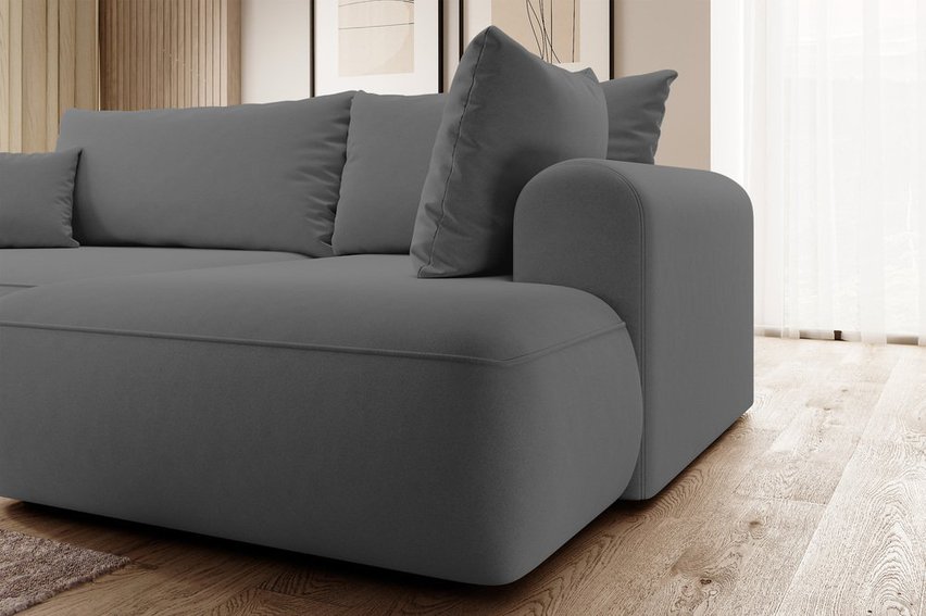 Ovo II L-shaped corner sofa with sleeping function Castel 93 with side and container, easy-to-clean velvet, right-hand