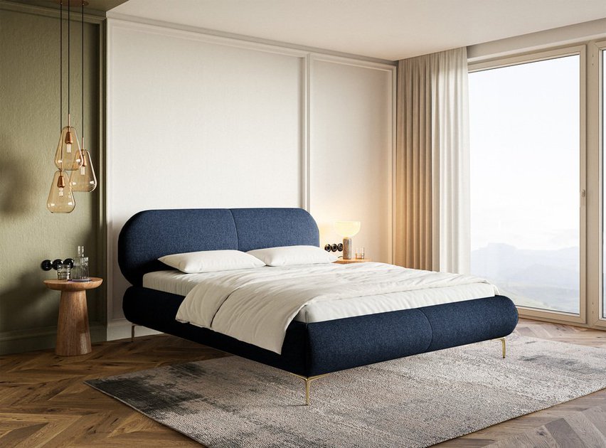 Upholstered bed 160x200 cm Ovalle, navy blue, hydrophobic braid, gold legs