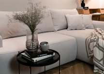 Ovo L-shaped corner sofa with sleeping function with a container in easy-to-clean fabric