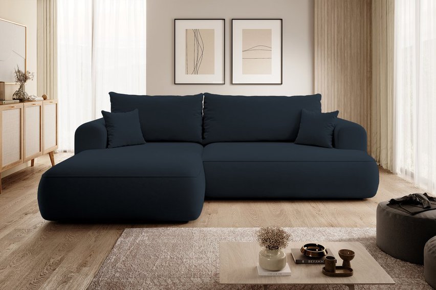 Ovo L-shaped corner sofa with sleeping function with a container in easy-to-clean fabric