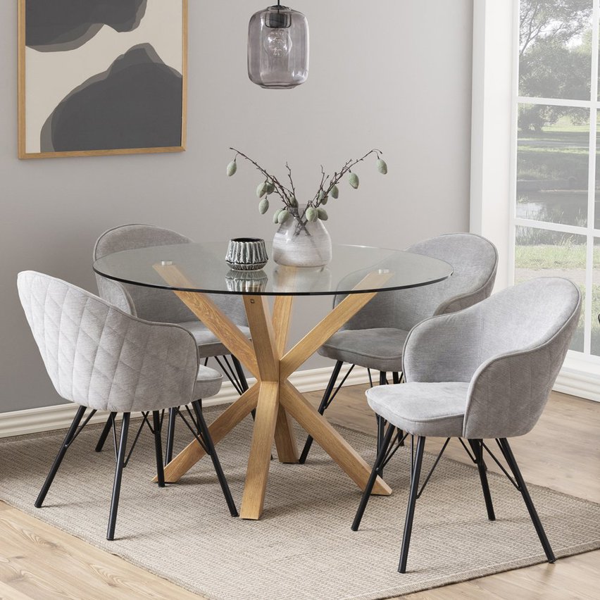 Kardema round dining table, diameter 119 cm, glass, on an oak base