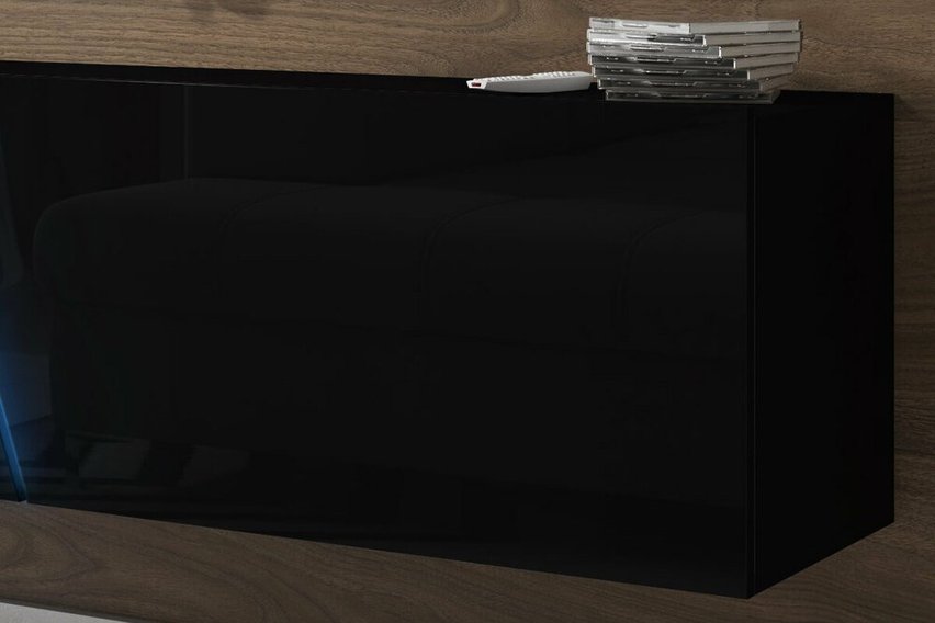 TV cabinet Alamara 160 cm (Color: Matt Black / Glossy Black, Lighting: LED)