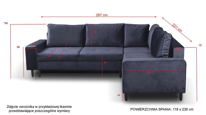 Corner sofa with sleeping function Ninetta Magic Velvet 2274 with a container in a hydrophobic fabric, velour legs, black, left-hand side