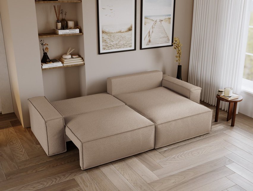 Brylio L-shaped corner sofa with sleeping function with storage, universal beige plush