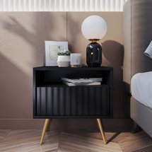 Bello bedside table with a drawer with a lamella front, black and gold legs