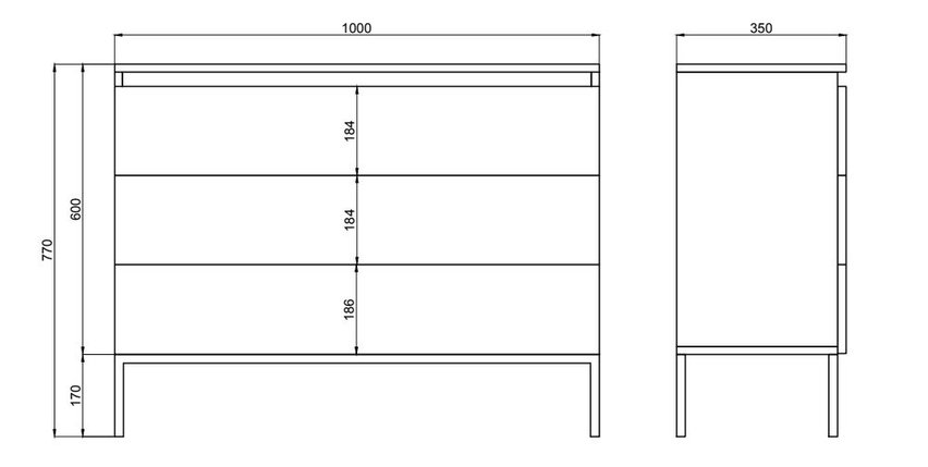 Bemmi White three-drawer chest of drawers with black legs