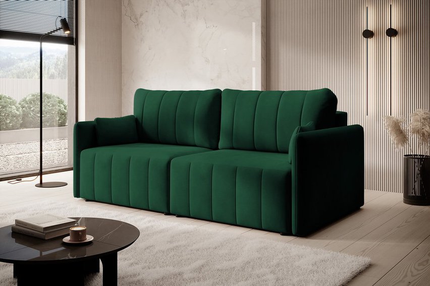 Pierre fold-out corner sofa with storage, dark green, hydrophobic velvet