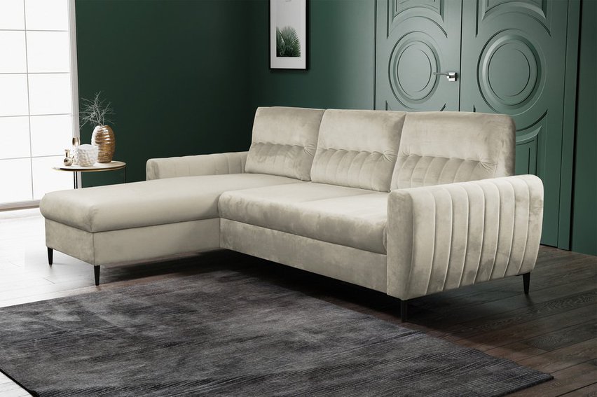 Corner sofa bed Laretta L-shaped with storage (Fabric: Velluto 01, Side: Left)